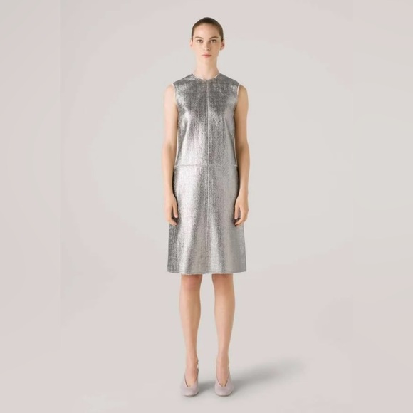 St. John New Metallic Tweed Shift Dress In Platinum Pale Gold 0 $1895.00 Italy